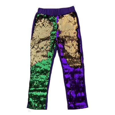 China Viable Hot Selling Mardi Gras Women Pants Gold, 3 Colors Reversible Purple And Green Sequin Pants Shiny Carnival Pants for sale