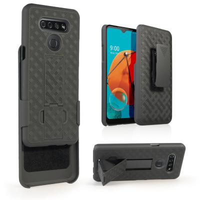 China Shell Case With Armor Kickstand 2020 New Double Layer Combo Phone Case Hard Plastic Pattern Case For LG K51 for sale