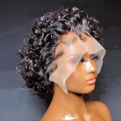 China 180% Density Short Pixie Cut Curly Wig Natural Black 13x4 Hair Pixie Bob Closure Wig With Bleached Knot Regular Knot For Women for sale