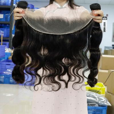 China Jerry Curl Virgin Brazilian Remy Human Hair Body Wave 13X4 Ear Ear Top Quality Sheer To Ear Full Lace Frontal Closure for sale