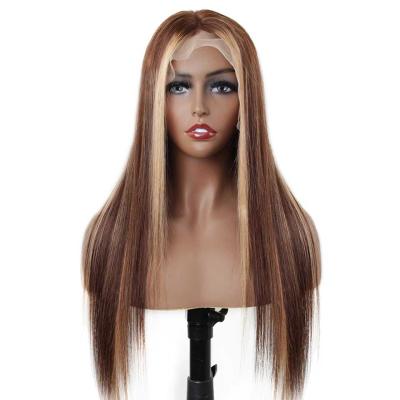 China Silky Straight Wave 13X4 Lace Up Brazilian Remy Highlight Ombre Lace Front Wig Straight Honey Blonde Hair Wigs For Women Bleach Knots for sale