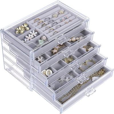 China Low Price Viable Factory Wholesale Clear Acrylic 5 Drawer Velvet Jewelry Box Jewelry Organizer Display Case For Earrings, Rings for sale