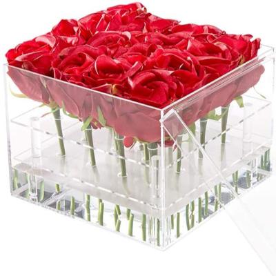 China Fashion 16 Holes Vase Vase Decorative Square Acrylic Rose Water Pots Stand Flower Box Holder for sale