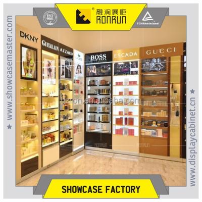 China Cosmetics and perfume display wooden wall cabinet with led light, high brand cosmetics cabinet in shopping mall for sale