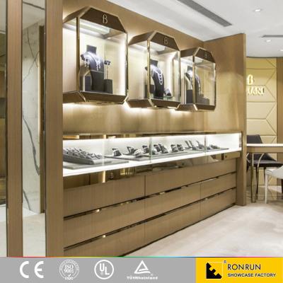 China Plywood Glass Wall Showcase Shade Box with Dark Stainless Steel Edging for Jewelry Store Interior Design for sale