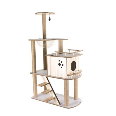 China Sustainable Luxury Outdoor Cat Pet Box Playhouse Wooden Tower Cage With Scratches Cat Tree for sale