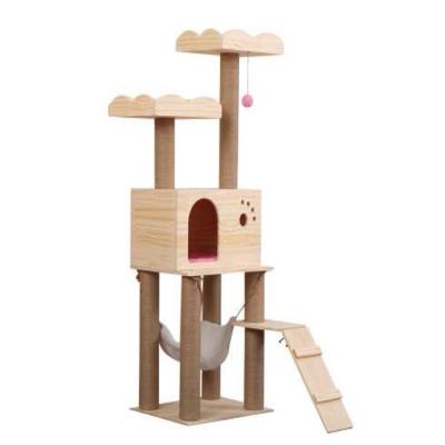 China Sustainable Luxury Outdoor Cat Pet Box Playhouse Wooden Tower Cage With Scratches Cat Tree for sale