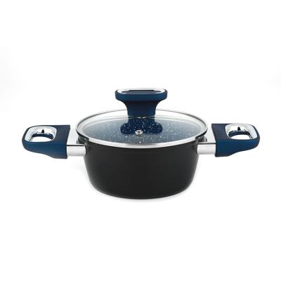 China Sustainable Aluminum Kitchenware Forged Non Stick Cooking Pot Small Food Casserole With Silicone Handle for sale