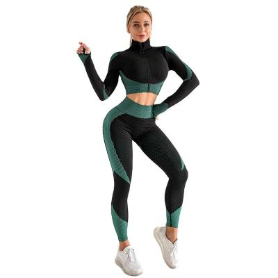 China Breathable Fitness 2021 Two Piece Sets Autumn Winter Yoga Set Long Sleeve Patchwork Breathable Workout Tracksuit For Women for sale