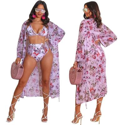 China 2021 3 Pieces Beach Wear Swimwear Set Sexy Elegant Floral Bikinis Set With Coat For Women for sale