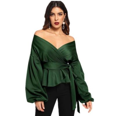 China YHSY101 2019 New Style Women's Blouse V-neck Open Shoulder Casual Sexy Open Shoulder Lantern Sleeve Tops Shirt With Bow And Pinch Waist Anti-pilling for sale