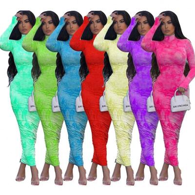 China 2020 New Arrival Breathable Summer Design Plus Size Bodycon Women Casual Sleeve Tie Dye Elegant Long Ruched Long Midi Dresses Dresses for sale