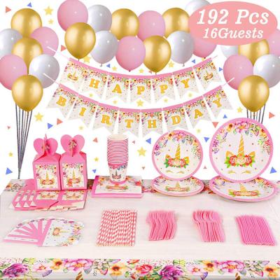 China Nicro 192 Pcs Kids Birthday Party Decorations Set Eco-Friendly Disposable Rainbow Unicorn Party Supplies for sale