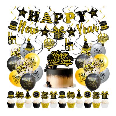 China Eco-friendly Nicro 2022 Black Gold New Year Foil Balloon Set Cake Decor Supplies Set Kids Cake Topper Happy New Year Banner Balloon for sale