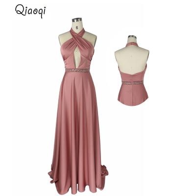 China wholesale Anti-wrinkle elegant halter beaded hollow custom make long prom dress for sale