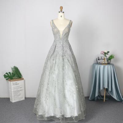 China sexy luxurious dress Anti-wrinkle party built-in bra embroidered luxury beaded silver elegant ball gown for sale