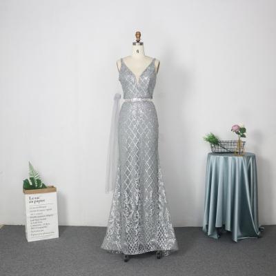 China Silver OEM Fitted Sexy Sparkly Anti-wrinkle Beading Sweep Train Lace Up Back Sexy Mermaid Party Prom Banquet Birthday Dresses for sale