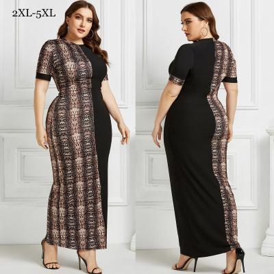 China Wholesale Viable Plus Size Women Fashion Short Sleeves Dress Ladies Leopard Snakeskin Print Stitching Big Casual Maxi Dress for sale