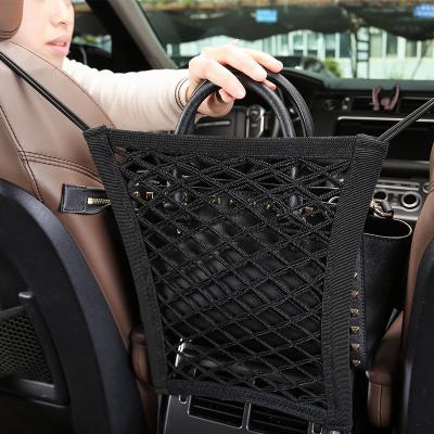 China Universal 3-Layer Car Mesh Organizer Net Pocket Handbag Holder Seat Compartment Storage Net With Strong Elastic Car Mounted Protector for sale