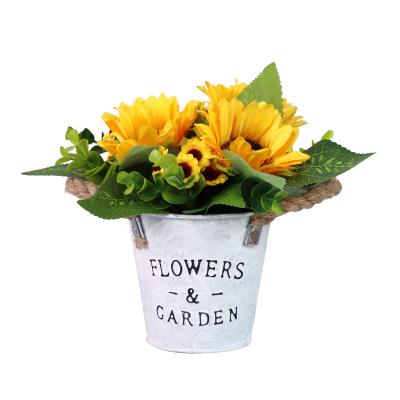 China Indoor Outdoor Silk Artificial Flowers in Metal Pot Sunflower Bouquet for Wedding Party Stage Centerpieces Window Decor for sale