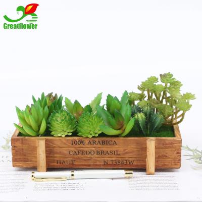 China Diy Flower Gift Matched Succulent Faux Plant Suculentas Arrangement With Wooden Planter Box for sale