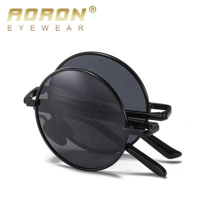 China Aoron 2022 Easy Carry Sunglasses Gold Foldable Round Fashion Sunglasses Metal Frames Black Folding Polarized Eyewear Portable S Small A700 for sale