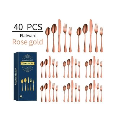 China Sustainable Luxury Rose Gold 40pcs Stainless Steel Cutlery Set Dessert Spoon Steak Knife Fork Reusable Dinnerware for sale