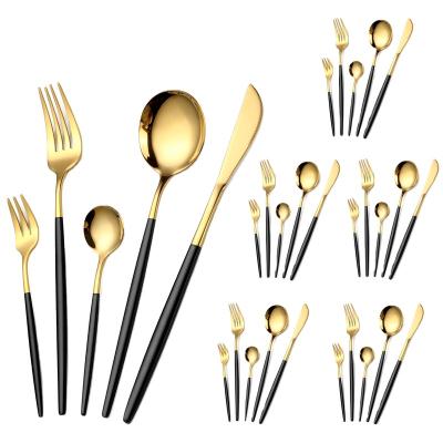 China Sustainable 30 pcs Wedding Luxury Gold And Black Cutlery Factory Direct Stainless Steel Knife Fork Spoon sets for sale