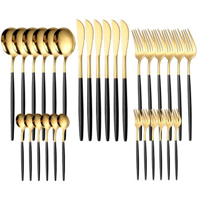 China Sustainable Royal Luxury 30PCS Black Gold Stainless Steel Flatware Shiny Flatware And Cuttlery sets for sale