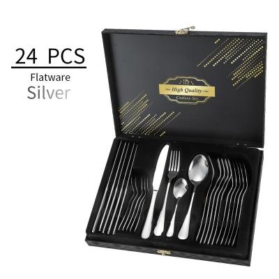 China Sustainable New 3D wooden box restaurant wedding gift 24pcs flatware sets stainless steel knife fork spoon tea spoon cutlery set for sale