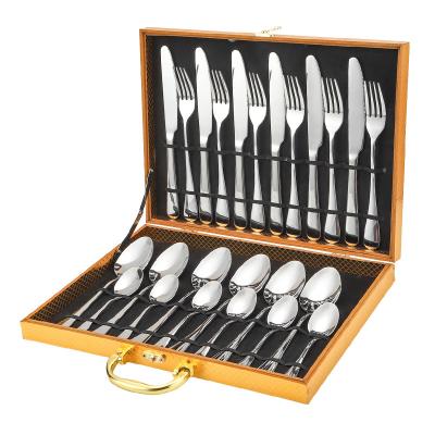 China Sustainable High-quality high quality Stainless Steel Cutlery Set Knife Fork Spoon 24-Pieces Gold Wooden box Silverware Flatware Set for sale