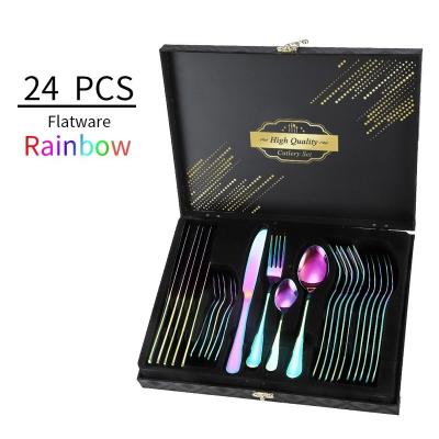 China Sustainable 24 pieces of colorful stainless steel knife and fork spoon tea spoon family wedding reception cutlery sets with gift box for sale