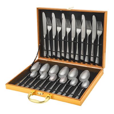 China Sustainable Luxury black 24pcs stainless steel dinner knife Dinner spoon dinner fork tea spoon wedding reception wooden box cutlery sets for sale