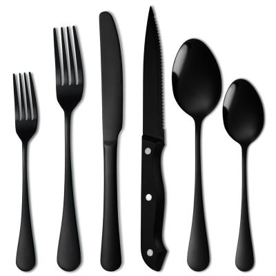 China Sustainable High quality Western dessert steak knife fork spoon cutlery set kitchen black flatware set stainless steel for sale