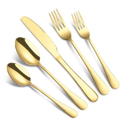 China Sustainable Luxury Gold 5pcs Stainless Steel Cutlery Cutting Knife Fork Spoon Camping Flatware Wholesale for sale