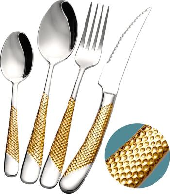 China Sustainable Gold handle 4 piece cutlery 18/10 stainless steel utensil Fruit knife salad fork Dessert spoon cutlery for sale