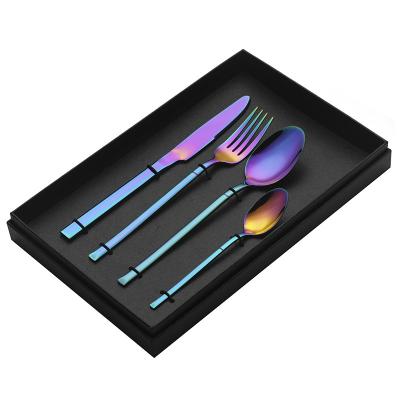 China Sustainable Iridescent Cutlery Set 4-pcs 18/0 Square Handle Flatware Set Including Spoon Knife Fork Wholesale for sale