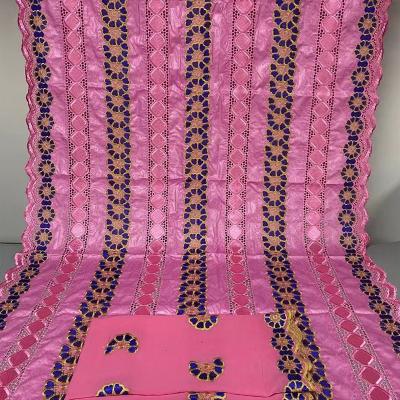 China 2+5 Yards Viable Pink Bazin Riche Material With Guipure 100% Cotton Lace Brocade Fabric For Wedding for sale