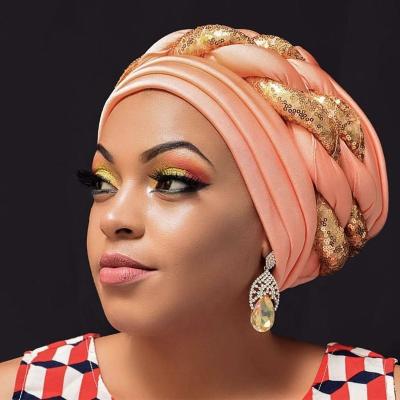 China 2022 High Quality African Ladies Aso Oke Headtie Wedding Fashion African Head Wraps Turbans With Sequins for sale