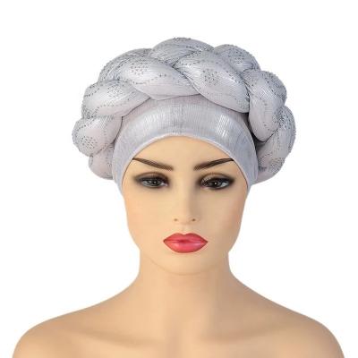 China 2022 Wedding Fashion Turbans For Ladies African Braided Headwrap Rhinestone Headwrap Muslim Aso Oke Headtie Muslim Hat for sale