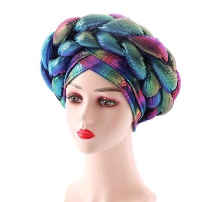 China Newest Wedding Aso Oke Double Gele Auto Muslim Headtie For Women Turban Ladies Head Wraps for sale