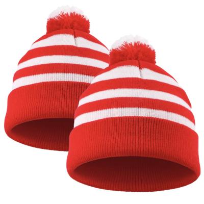 China Halloween Beanie Red and White Striped Hat Knitted Pom Pom Cuff Cap for Women Men Christmas Party Accessories for sale