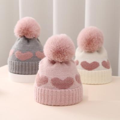 China 2024 New Autumn Winter Baby Knitted Hats Girls Acrylic Bilayer Warm Toddler Beanie Cute Heart Newborn Hat for sale