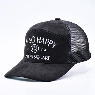 China 7 Panel Schwarz Suede Panel Trucker Hüte Hochwertige Mesh Kappe Custom Rand Stickerei Samt Trucker Hüte zu verkaufen