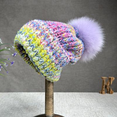 China Women New Wool Rabbit Fur Fur Pompom Hat Oil Painting Style Outdoor Warm Skullies Beanie Winter Cap for sale