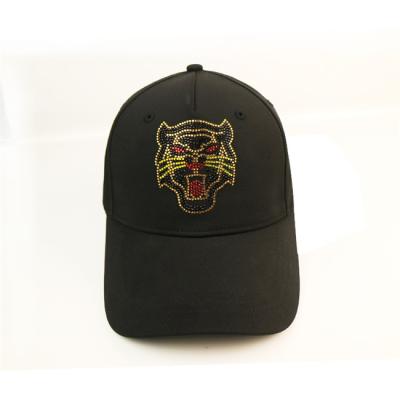 China ACE BSCI Animal Pattern Rhinestone Black Baseball Cap / Satin Baseball Cap Black Metal Buckle for sale