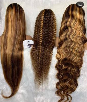 China Factory Custom Premier Body Wave 30 Inches Blonde Highlight Mixed Curly Lace Hair Front Wigs For Women for sale