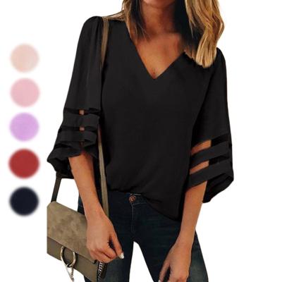 China Anti-pilling 2021 Wholesale Cheap Women Tops YUNTI Fashion Half Sleeve V-Neck Flare Sleeve Slit Loose Blouse for sale