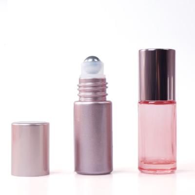 China Cosmetic Pink Glass Roll On Bottles 5ml 10ml Perfume Sample Bottles Essential Oil Roll On Bottles With Stainless Steel Balls for sale