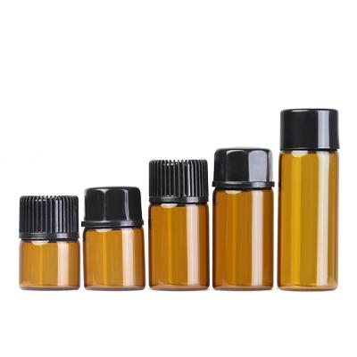 China 1ML 2ML 3ML 5ML Amber Glass Bottle Travel Sample Vials Mini Essential Oil Cosmetic Bottle with Orifice Reducer and Black Cap for sale